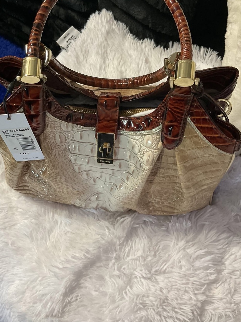 Brahmin Beige and Brown Croc-Embossed Satchel with Gold Hardware